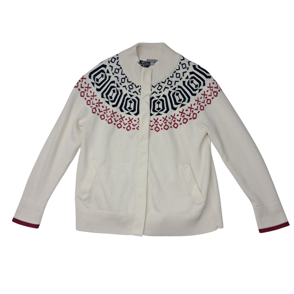 T by Talbots Snap Front Sweater Jacket Women's Small Petite Ivory Winter Geo
